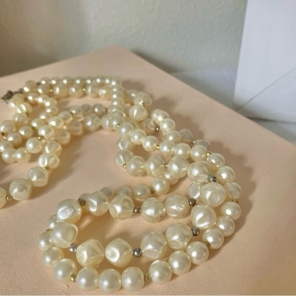 Baroque Pearl Two Strand Necklace Vintage “Tamar”  25” Statement Gold Silver - Picture 6 of 12